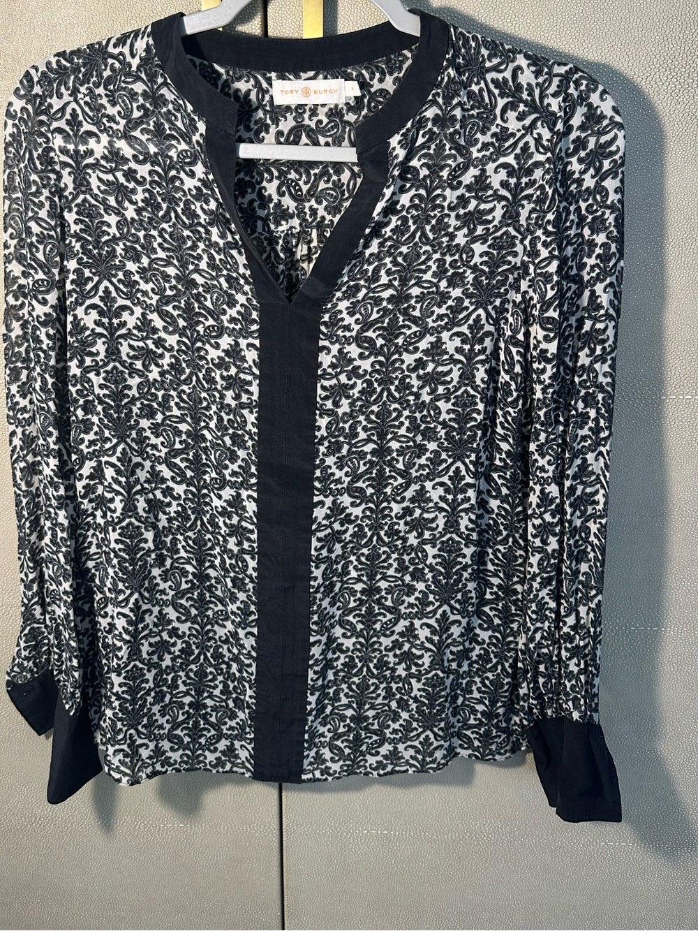 Tory Burch Black & White Printed V-Neck Blouse